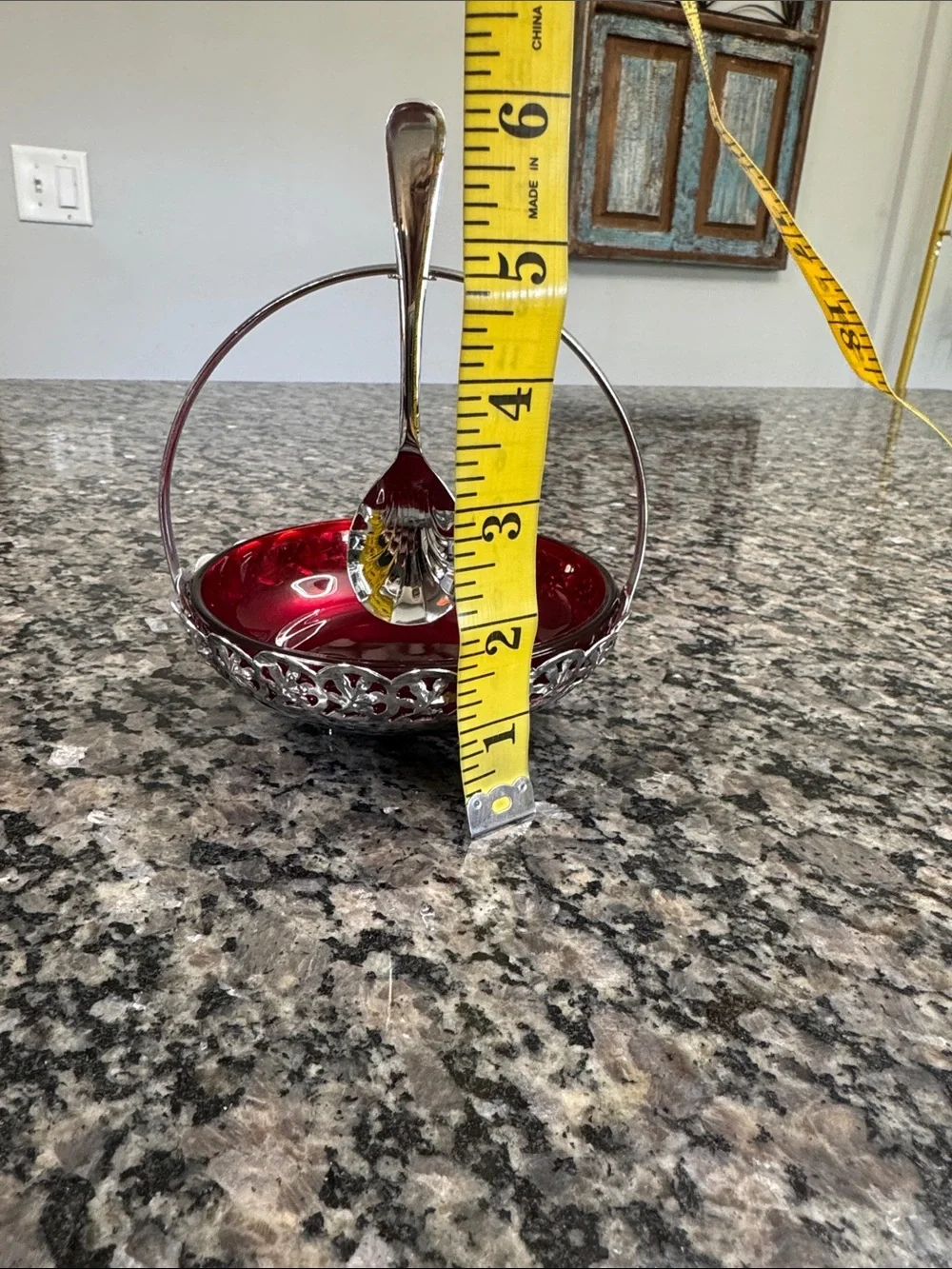 Silver-Trim Ruby Red Glass condiment Dish with hanging Spoon EUC